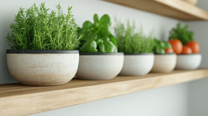 Fototapeta premium A fresh assortment of herbs and vegetables in stylish pots displayed on a wooden shelf, enhancing a vibrant kitchen atmosphere.
