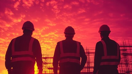 Workers silhouetted against a vibrant sunset, observing construction site activity with a backdrop of colorful clouds.