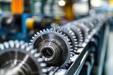 Obraz premium Close-up of Interconnected Metallic Gears on Conveyor Belt in Factory