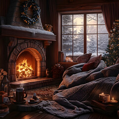 Cozy Winter Hearth: The warm glow of a crackling fire invites you into a peaceful winter scene, where comfort and serenity reign supreme within a rustic lodge interior.