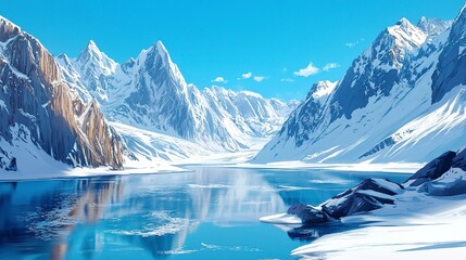 Glacial lake nestled among towering snowy peaks reflecting a clear blue sky