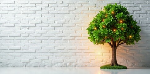 Full artificial tree, warm lights, textured white brick wall, background, still life