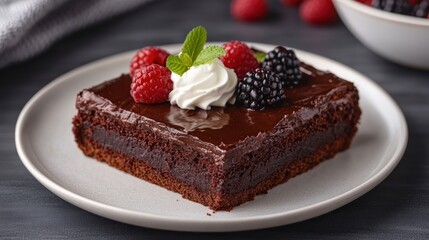 A rich chocolate dessert topped with fresh raspberries, blackberries, and a dollop of whipped cream, beautifully presented on a white plate.