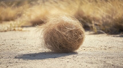 Dry tumbleweed rolls across sunlit ground in arid landscape during daylight hours