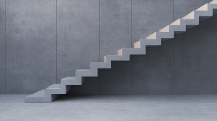 A modern staircase ascends against a concrete wall, showcasing minimalist design and architectural elegance in a neutral-toned space.