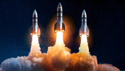 3 Rocket taking off isolated on black background. Generative ai