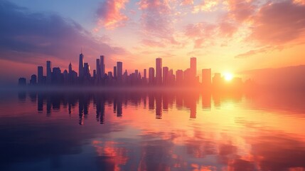 Fototapeta premium A city skyline is reflected in the water, with the sun setting in the background