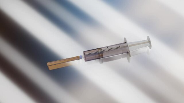 disposable syringe rotates on silver background with backlight. 3d render looped animation