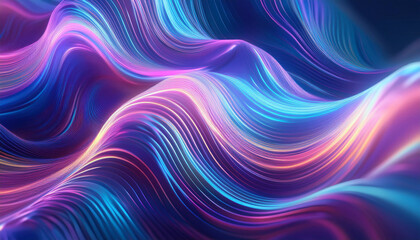 Fototapeta premium Neon ripple pattern texture. Blur purple blue fluorescent lights color gradient. Defocused glow. Iridescent wave. Light curve lines abstract background. Copy space.