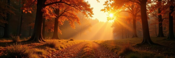 Golden sunlight bathes autumn forest panorama,  colorful,  panorama