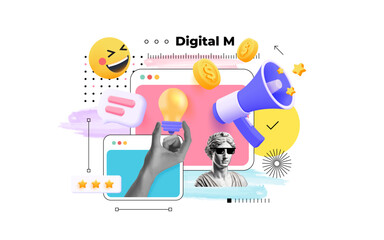 Trendy halftone Digital Marketing concept collage. Idea concept, web promotion. Trendy modern retro illustration. Business concept, advertising, online promotion. Vector illustration