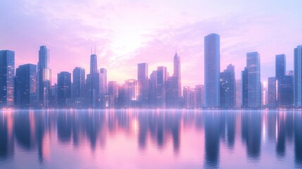 Obraz premium Modern city skyline at dusk, featuring pastel hues of peach, lavender, and light blue. The tranquil river below reflects the serene cityscape. Wide-angle shot, hd quality, natural look.
