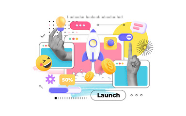 Modern collage with halftone hand controlling business processes. Leadership concept. Startup concept with arrow up, rocket, hands with sales chart. Vector illustration