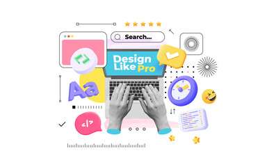 Trendy Halftone Collage Laptop with Search bar and Hands. Modern illustration of website design, development, programming, seo. Vector retro modern illustration with dots in pop art style