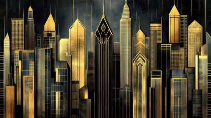 Obraz premium Stylized art deco skyline in gold and black, art deco, skyline,geometric, skyscrapers, architecture, gold, black, cityscape