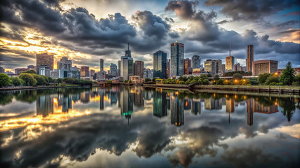 Fototapeta premium City skyline with dramatic clouds and river reflections
