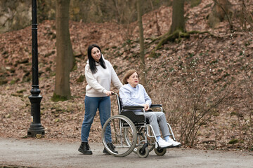Fototapeta premium A Caring Companion Wheelchair Experience Enjoying a Walk in Nature with Comfort and Joy