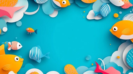 Naklejka premium Cartoon fish underwater frame, bright colors, background, decorative border, social media, digital art