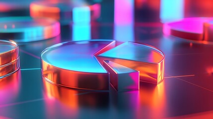 Neon Pie Chart Data Visualization: Abstract 3D Render of Business Analytics and Financial Reports
