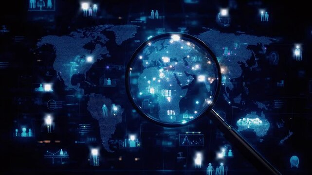 Magnifying glass search in futuristic world map, symbolizing global reach and multi-language capabilities. 