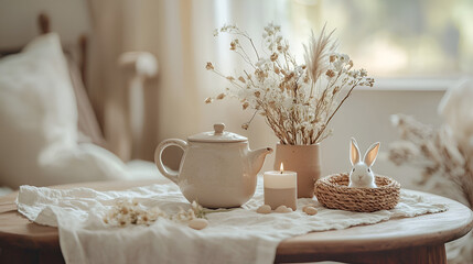 Still life with teapot, dried flowers, burning candle, rabbit figurine, almond candies on table with linen cloth.