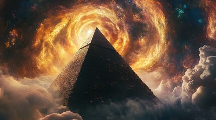 Fototapeta premium A solitary pyramid stands tall against a backdrop of swirling cosmic clouds and a radiant celestial vortex, its stark structure a testament to the enduring mysteries of the universe.