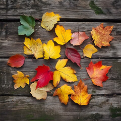 Autumnal Leaf Mosaic: A vibrant display of colorful leaves scattered across a weathered wooden surface, capturing the essence of autumn's beauty in a still life composition.