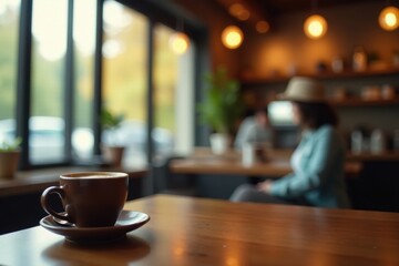 Soft focus coffee shop, warm tones, blurred details, aesthetic, inviting