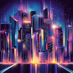 Cyberpunk Cityscape: A vibrant illustration of a futuristic city skyline, with towering skyscrapers bathed in neon lights, futuristic vibes with a touch of retro influence.
