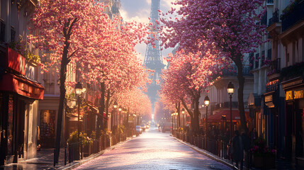 A vibrant photography of a bustling Parisian street scene during spring, where blossoming trees and chic locals add life to the urban landscape in an awesome, highly detailed fashion.