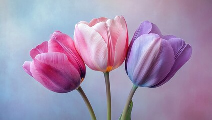 Three pastel tulips stand together in delicate beauty