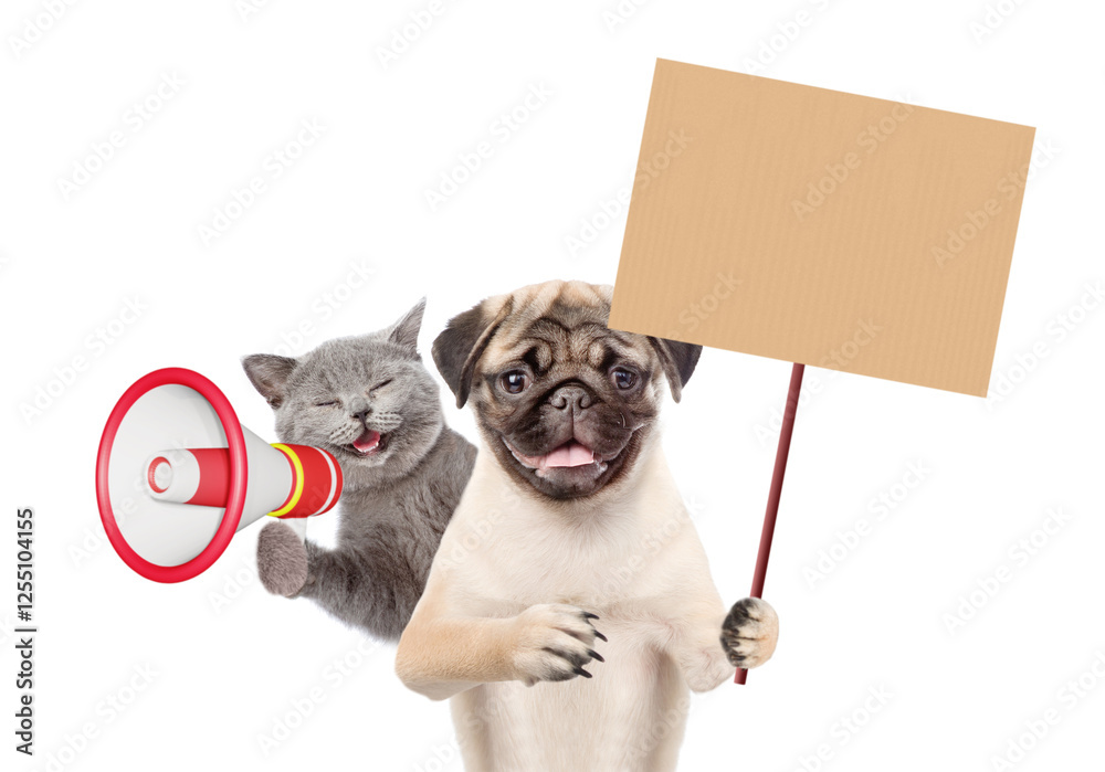 Aufkleber happy cat and pug puppy looks at camera. dog showing blank placard. kitten meowing into the megaphon