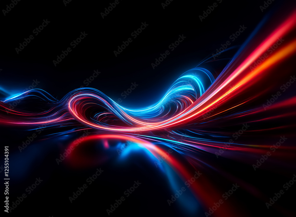 Wall mural vibrant, dynamic light trails of blue and red flow smoothly across a black backdrop, creating an abs