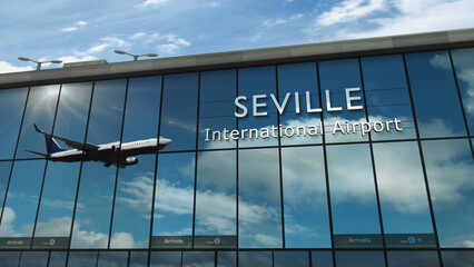 Fototapeta premium Airplane landing at Seville Spain airport mirrored in terminal