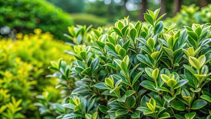 Fototapeta premium Dense foliage and vibrant green leaves of euonymus bush in a well-maintained garden setting, greenery, nature, greenery