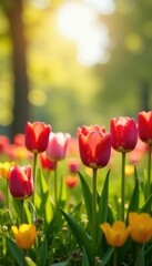Obraz premium Sunlit meadow bursting with colorful tulips, perfect Easter backdrop , holiday backdrop, spring flowers