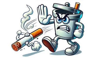 Angry trash can kicking away a cigarette with determination