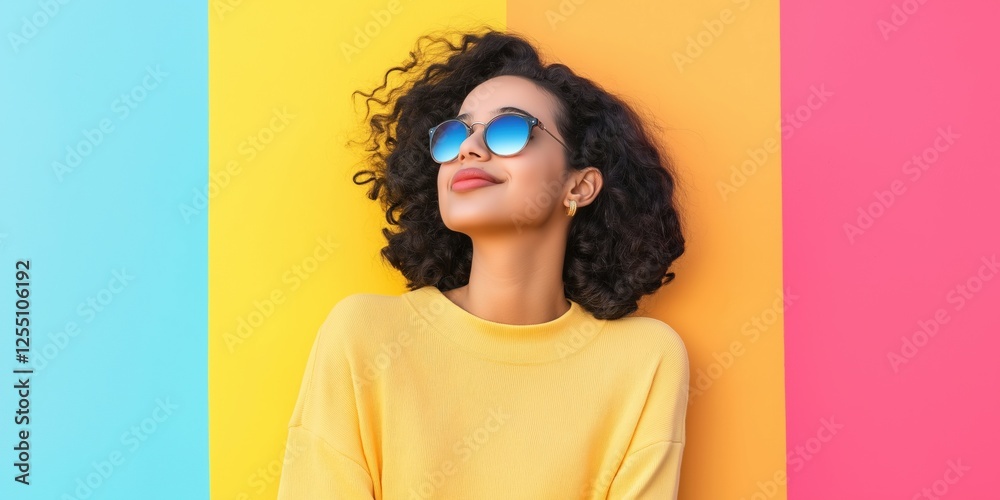 Poster A woman wearing sunglasses and a yellow sweater is smiling and looking at the camera. The image has a bright and cheerful mood, with the woman's smile and the colorful background