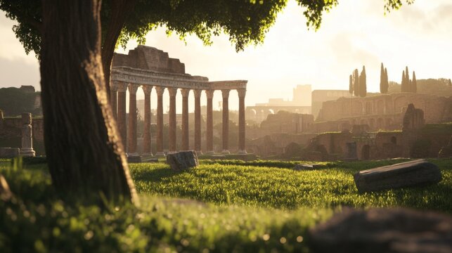 Roman ruins sunrise, grassy foreground, historical site, travel postcard