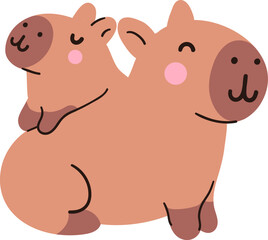 Cute kawaii capybara and baby capybara, isolated on white background. Funny sticker for the decoration of a card, poster, banner, diary. Vector illustration, simple flat design
