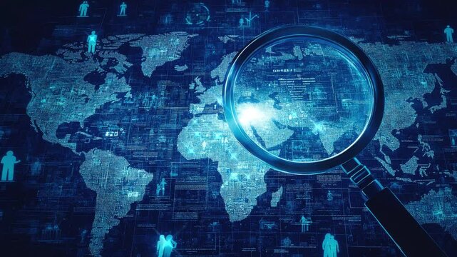 Magnifying glass search in futuristic world map, symbolizing global reach and multi-language capabilities. 