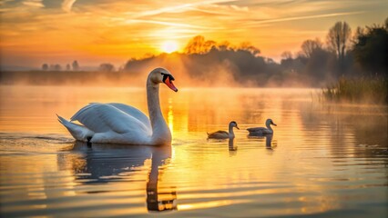 Fototapeta premium Art Swan Floating on Water at Sunrise, swan family, morning light, swan family