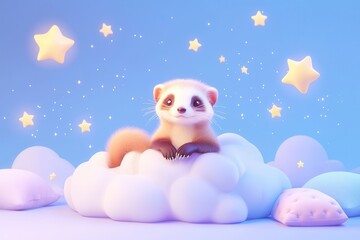 Obraz premium Contented Ferret Snuggles on Fluffy Cloud Surrounded by Stars