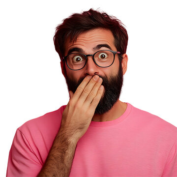 Shocked man with glasses covers mouth in fear in darkness