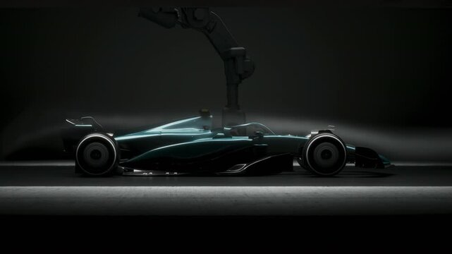 Aerodynamic race car undergoing testing in a wind tunnel