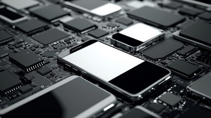 Conceptual image of smartphones, batteries, and microchips emphasizing the use of rare earth metals in technology