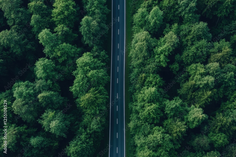 Poster straight road winding through a dense forest landscape surrounded by vibrant green trees and foliage