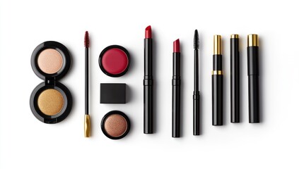 Collection of luxurious makeup essentials including eyeshadow palettes lipsticks mascara and lip gloss arranged in a stylish display