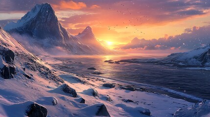 Stunning sunset over snow-capped mountains and calm sea.