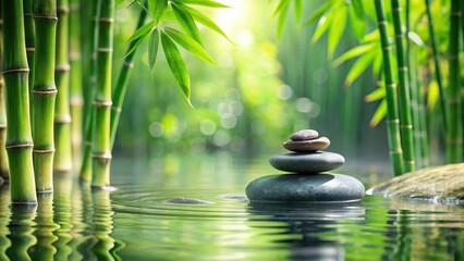 Fototapeta premium Serene Zen stone surrounded by lush greenery and tall bamboo in a tranquil water setting, evoking a sense of balance and harmony in a peaceful spa environment , relaxation, watery